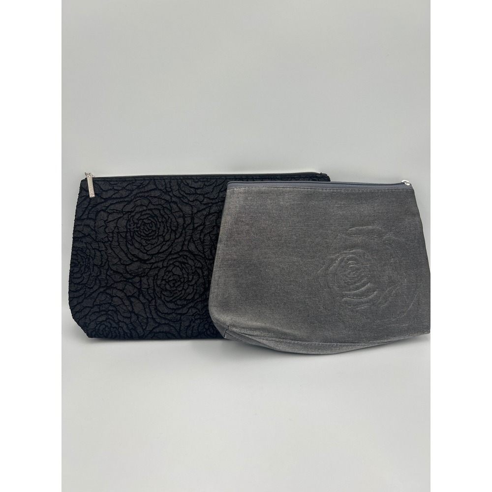 Lancome Cosmetic Bag Set 2pc Black Textured Rose & Grey Metallic Pewter Floral